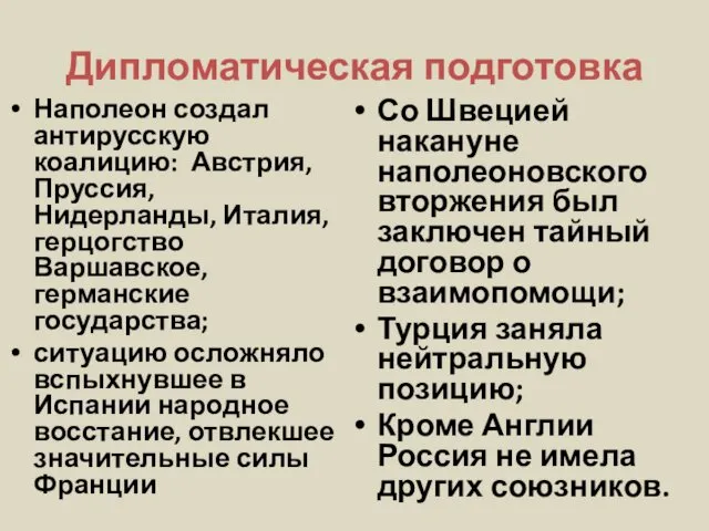 Дипломатическая подготовка Наполеон создал антирусскую коалицию: Австрия, Пруссия, Нидерланды, Италия, герцогство