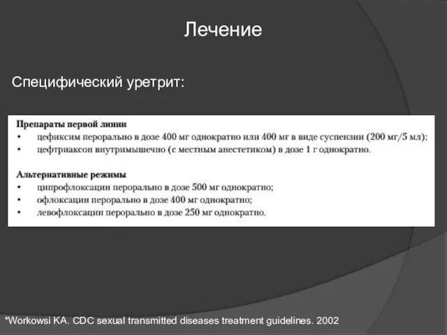 Лечение Специфический уретрит: *Workowsi KA. CDC sexual transmitted diseases treatment guidelines. 2002