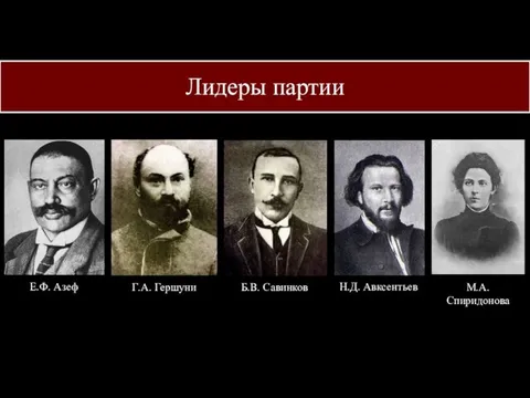 Лидеры партии Г.А. Гершуни Е.Ф. Азеф Б.В. Савинков Н.Д. Авксентьев М.А. Спиридонова