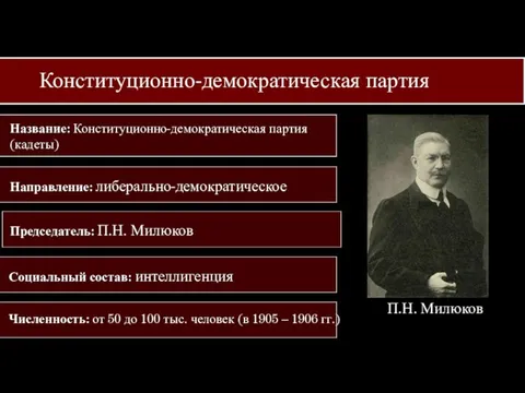 Конституционно-демократическая партия П.Н. Милюков Название: Конституционно-демократическая пар­тия (кадеты) Направление: либерально-демократическое Председатель: