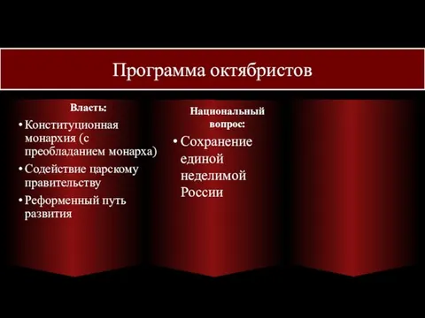 Программа октябристов Власть: Конституционная монархия (с преобладанием монарха) Содействие царскому правительству