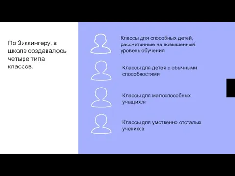 По Зиккингеру, в школе создавалось четыре типа классов: Классы для способных