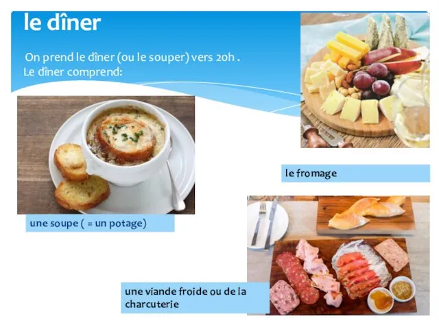 le dîner On prend le dîner (ou le souper) vers 20h