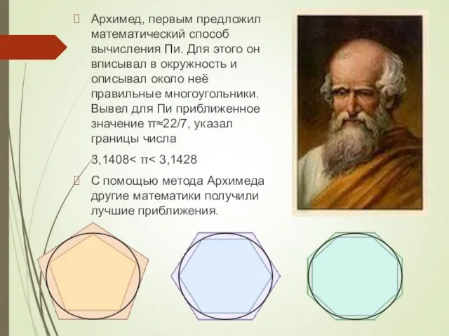 Архимед, первым предложил математический способ вычисления Пи. Для этого он вписывал