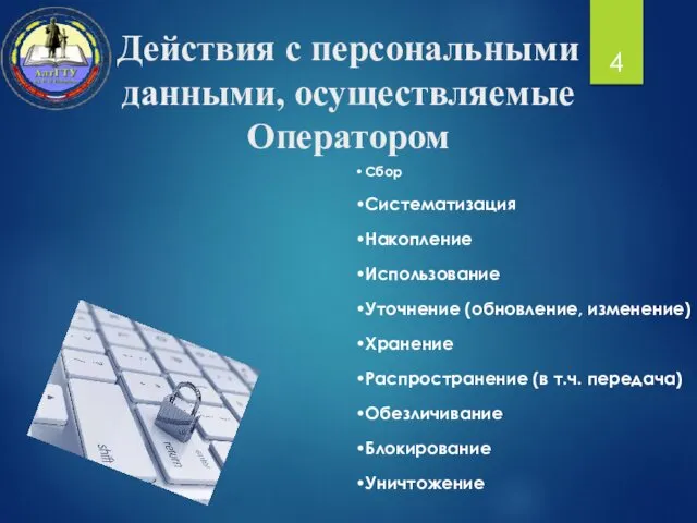 Действия с персональными данными, осуществляемые Оператором Сбор Систематизация Накопление Использование Уточнение