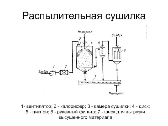 Распылительная сушилка 1- вентилятор; 2 - калорифер; 3 - камера сушилки;