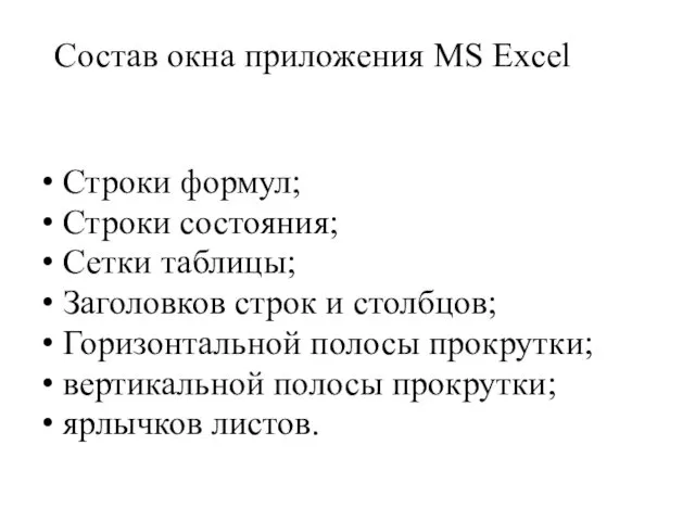 Состав окна приложения MS Excel Строки формул; Строки состояния; Сетки таблицы;