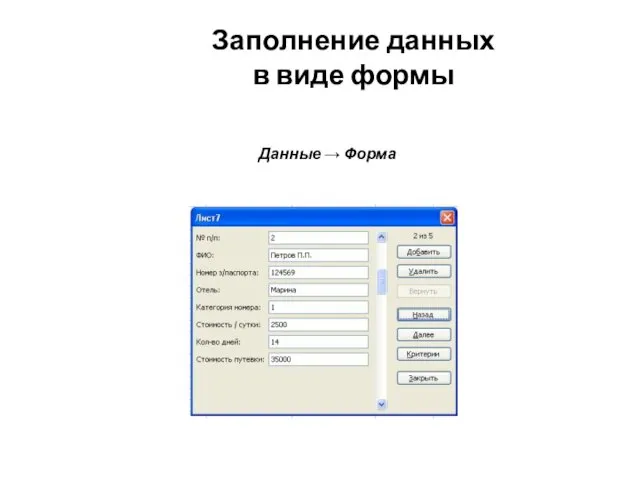 Заполнение данных в виде формы Данные → Форма
