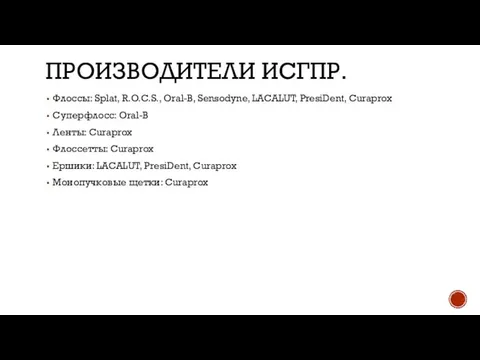 ПРОИЗВОДИТЕЛИ ИСГПР. Флоссы: Splat, R.O.C.S., Oral-B, Sensodyne, LACALUT, PresiDent, Curaprox Суперфлосс: