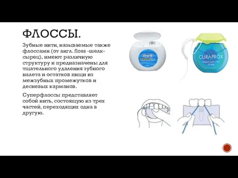 ФЛОССЫ. Зубные нити, называемые также флоссами (от англ. floss -шелк-сырец), имеют