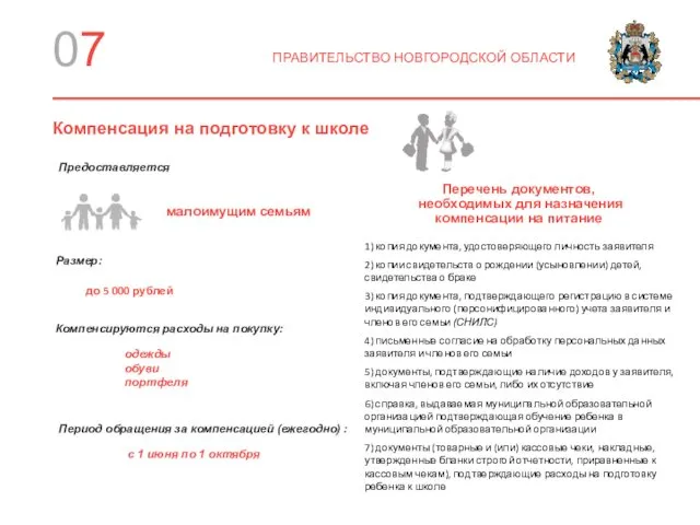 07 ПРАВИТЕЛЬСТВО НОВГОРОДСКОЙ ОБЛАСТИ Компенсация на подготовку к школе малоимущим семьям