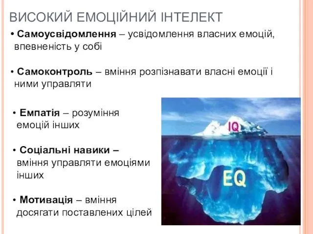 ВИСОКИЙ ЕМОЦІЙНИЙ ІНТЕЛЕКТ Самоусвідомлення – усвідомлення власних емоцій, впевненість у собі