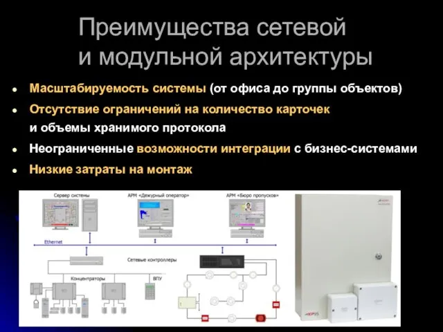 Преимущества сетевой и модульной архитектуры Масштабируемость системы (от офиса до группы