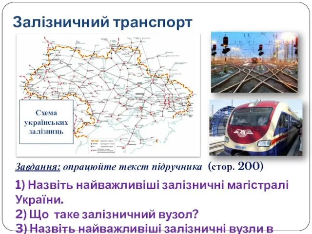 Залізничний транспорт Схема українських залізниць Завдання: опрацюйте текст підручника (стор. 200)