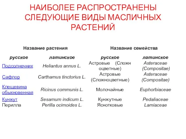 НАИБОЛЕЕ РАСПРОСТРАНЕНЫ СЛЕДУЮЩИЕ ВИДЫ МАСЛИЧНЫХ РАСТЕНИЙ