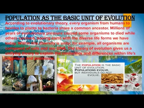 POPULATION AS THE BASIC UNIT OF EVOLUTION According to evolutionary theory,