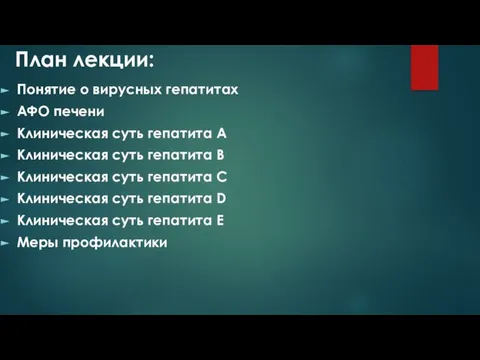 План лекции: Понятие о вирусных гепатитах АФО печени Клиническая суть гепатита