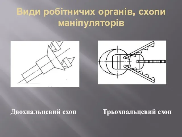 Види робітничих органів, схопи маніпуляторів Двохпальцевий схоп Трьохпальцевий схоп