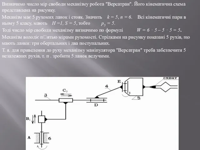 Визначимо число мір свободи механізму робота "Версатран". Його кінематична схема представлена