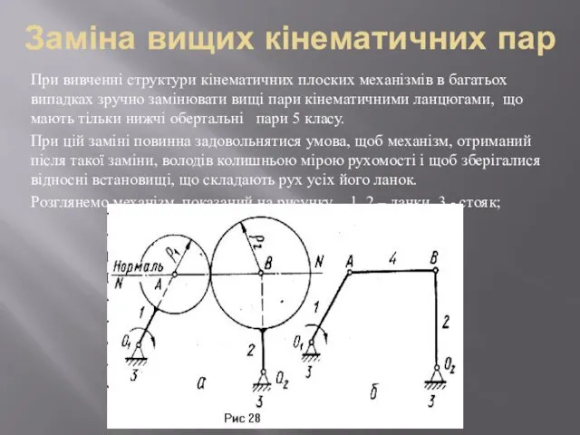 Заміна вищих кінематичних пар При вивченні структури кінематичних плоских механізмів в