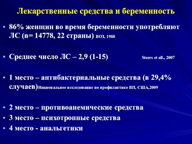 Лекарственные средства и беременность 86% женщин во время беременности употребляют ЛС