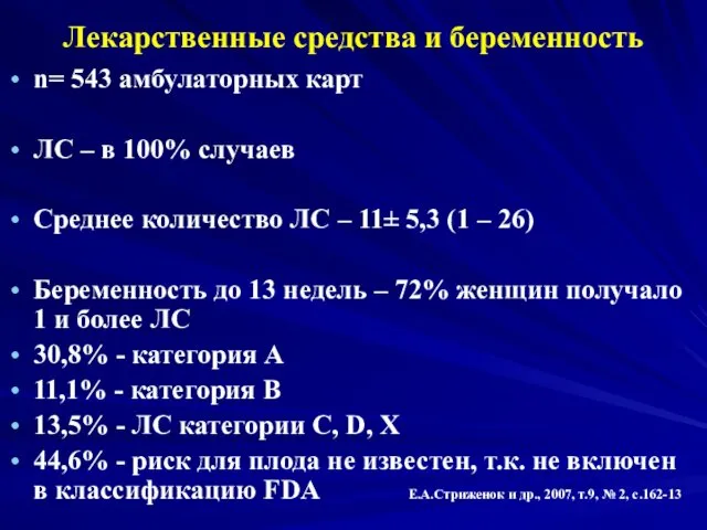 Лекарственные средства и беременность n= 543 амбулаторных карт ЛС – в