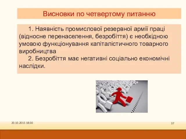 Висновки по четвертому питанню 1. Наявність промислової резервної армії праці (відносне