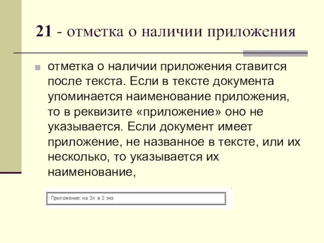 21 - отметка о наличии приложения отметка о наличии приложения ставится