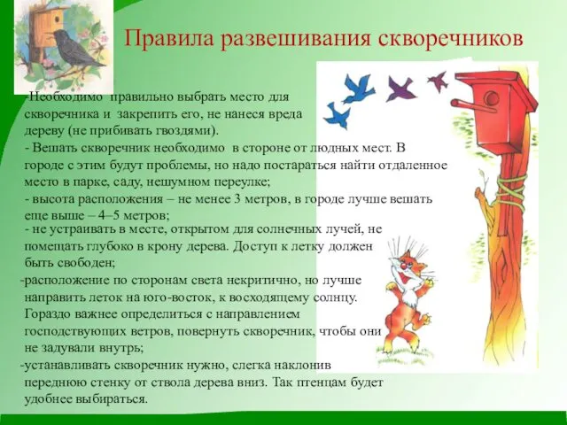 Правила развешивания скворечников -Необходимо правильно выбрать место для скворечника и закрепить