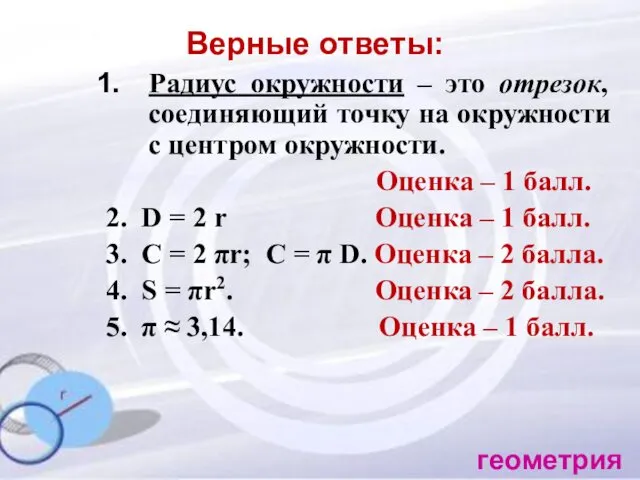 Верные ответы: Радиус окружности – это отрезок, соединяющий точку на окружности