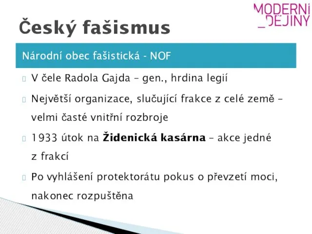 Český fašismus Národní obec fašistická - NOF V čele Radola Gajda