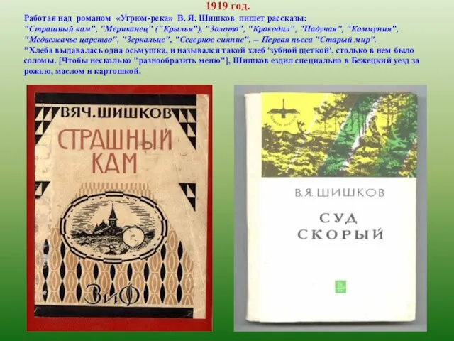 . 1919 год. Работая над романом «Угрюм-река» В. Я. Шишков пишет