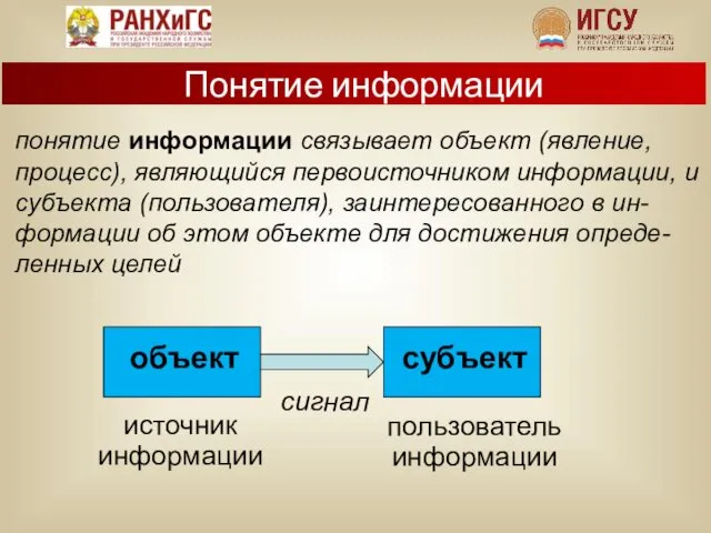 понятие информации связывает объект (явление, процесс), являющийся первоисточником информации, и субъекта