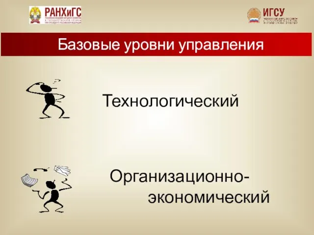 Технологический Организационно- экономический Базовые уровни управления