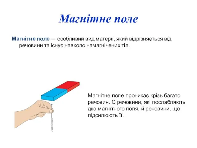 Магнітне поле Магнітне поле — особливий вид матерії, який відрізняється від