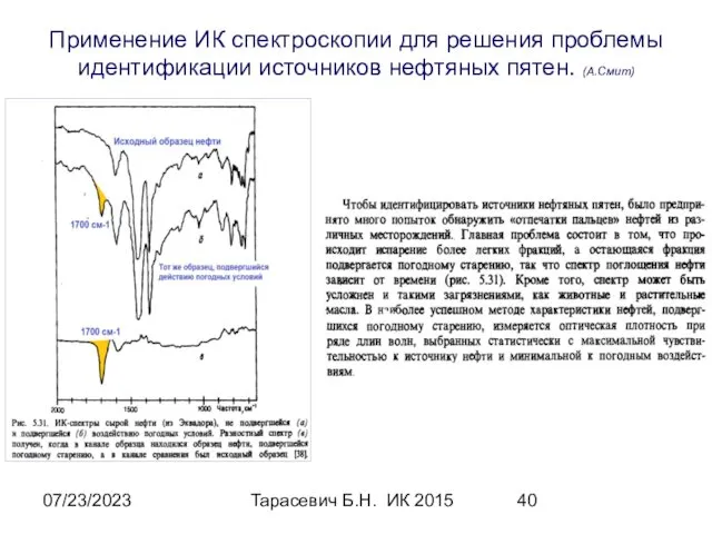 07/23/2023 Тарасевич Б.Н. ИК 2015 Применение ИК спектроскопии для решения проблемы идентификации источников нефтяных пятен. (А.Смит)