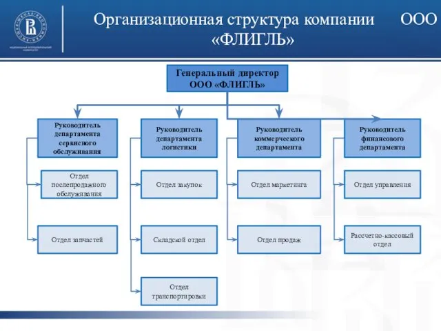 Организационная структура компании ООО «ФЛИГЛЬ» Генеральный директор ООО «ФЛИГЛЬ» Руководитель департамента