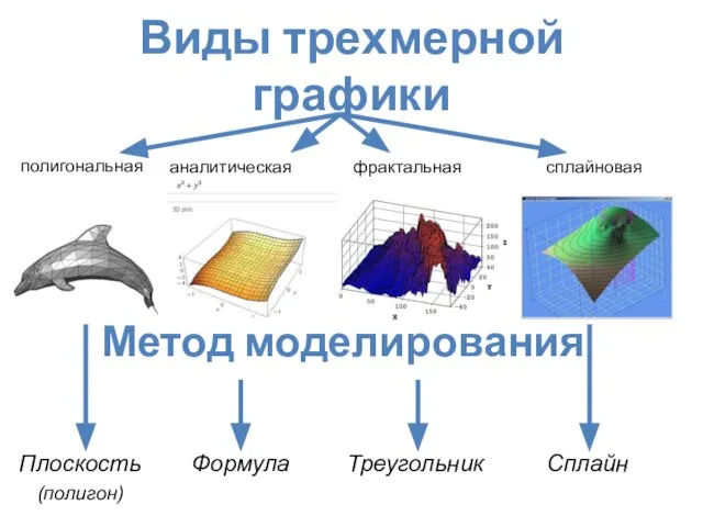 Виды трехмерной графики полигональная аналитическая фрактальная Плоскость (полигон) Формула Треугольник Метод моделирования сплайновая Сплайн
