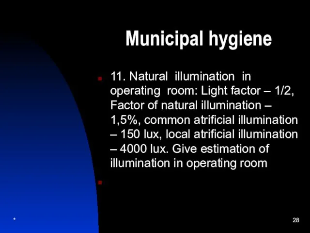 Municipal hygiene 11. Natural illumination in operating room: Light factor –