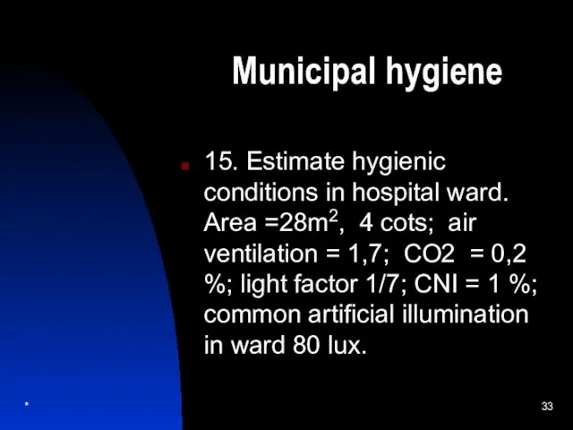 Municipal hygiene 15. Estimate hygienic conditions in hospital ward. Area =28m2,