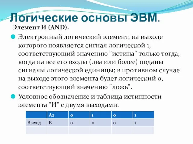 Логические основы ЭВМ. Элемент И (AND). Электронный логический элемент, на выходе