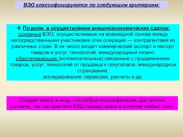 ВЭО классифицируются по следующим критериям: 4. По роли в осуществлении внешнеэкономических