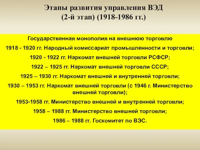 Этапы развития управления ВЭД (2-й этап) (1918-1986 гг.) Государственная монополия на