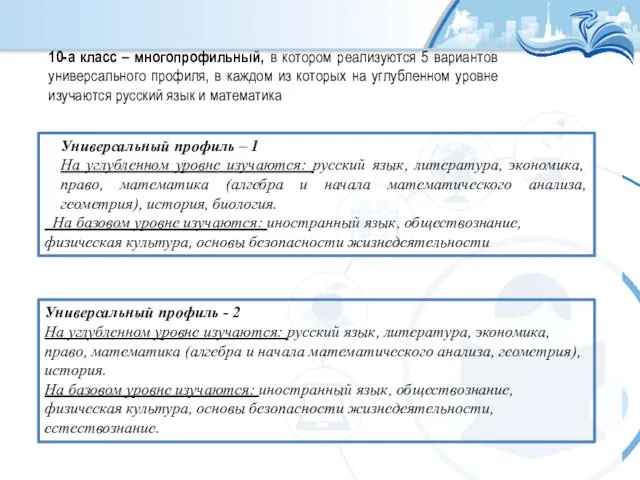 10-а класс – многопрофильный, в котором реализуются 5 вариантов универсального профиля,