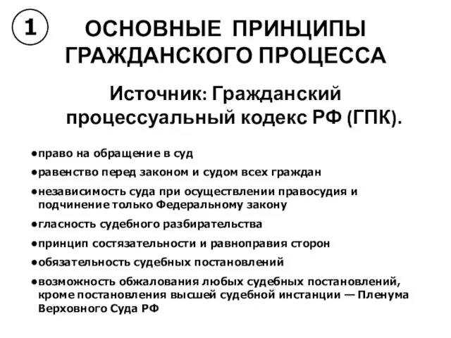 ОСНОВНЫЕ ПРИНЦИПЫ ГРАЖДАНСКОГО ПРОЦЕССА Источник: Гражданский процессуальный кодекс РФ (ГПК). 1