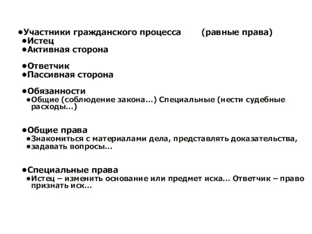 Участники гражданского процесса (равные права) Истец Активная сторона Ответчик Пассивная сторона