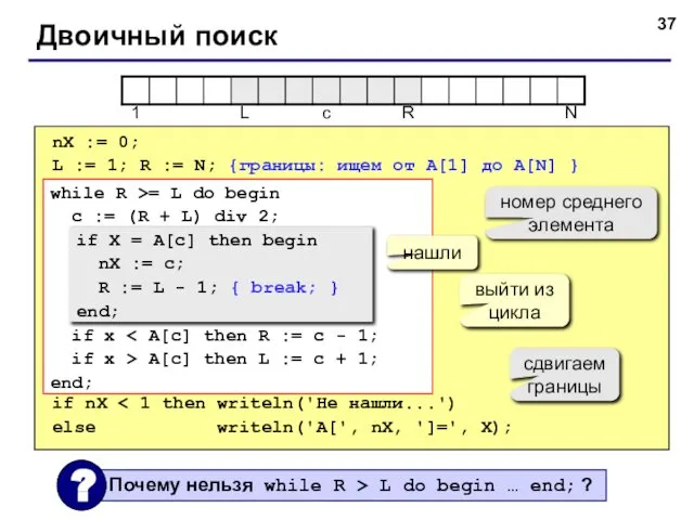 Двоичный поиск nX := 0; L := 1; R := N;