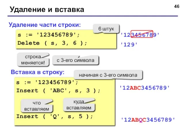 Удаление и вставка Удаление части строки: Вставка в строку: s :=