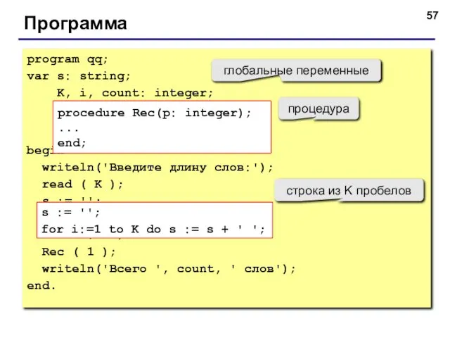 Программа program qq; var s: string; K, i, count: integer; begin