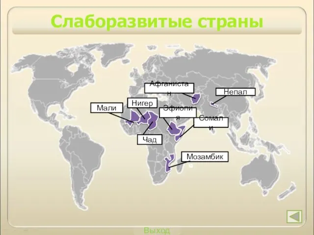 Выход Слаборазвитые страны Афганистан Непал Сомали Мозамбик Эфиопия Мали Нигер Чад